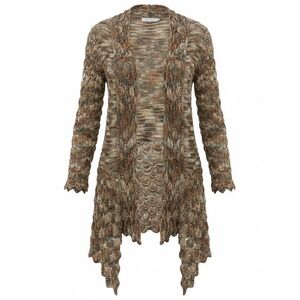 Simply Couture Open Front Cardigan Neutral Scalloped‎ Edge Boho Knit Duster M